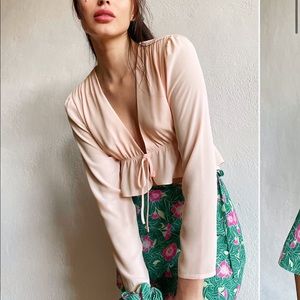 Sunday Best Cropped Tie-Front Blouse 2XS in Forest Green